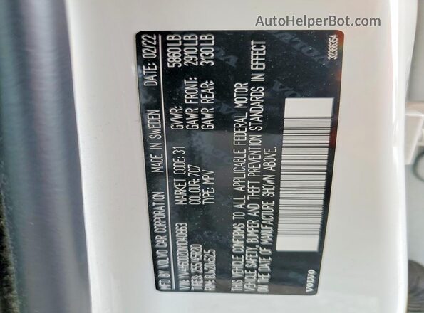 YV4H60DZ0N1040863 2022 VOLVO XC60 White Вид наклейки з VIN-кодом
