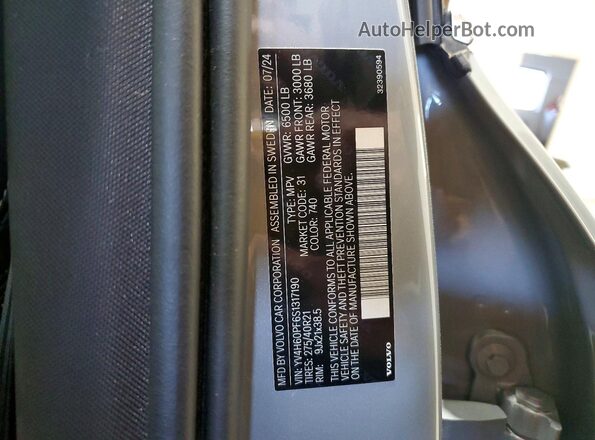 YV4H60PF6S1317190 2025 VOLVO XC90 Gray Vista de la etiqueta del VIN