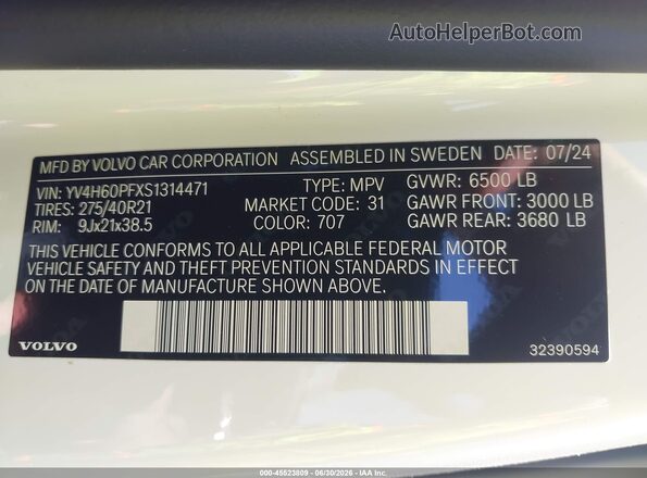 YV4H60PFXS1314471 2025 VOLVO XC90 PLUG-IN HYBRID White Engine compartment view