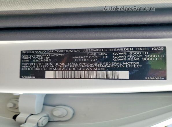 YV4H60PFXT1478739 2026 VOLVO XC90 White Widok naklejki z numerem VIN