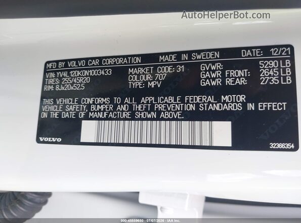 YV4L12DK0N1003433 2022 VOLVO XC60 White Engine compartment view