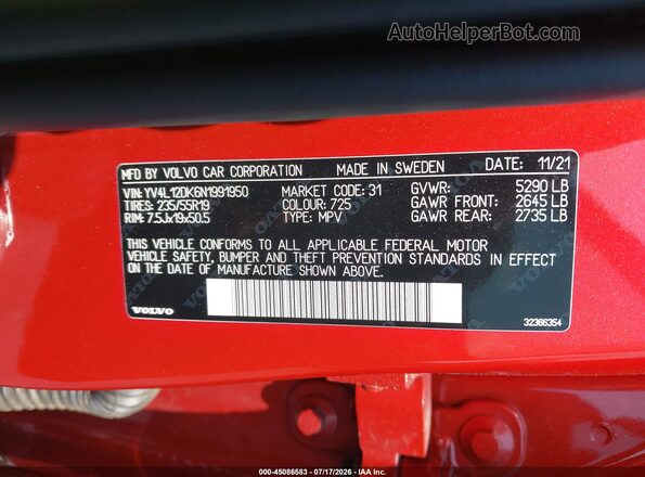 YV4L12DK6N1991950 2022 VOLVO XC60 Red Widok komory silnika