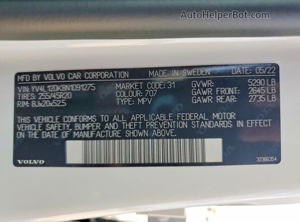 YV4L12DK8N1091275 2022 VOLVO XC60 White Vista de la etiqueta del VIN