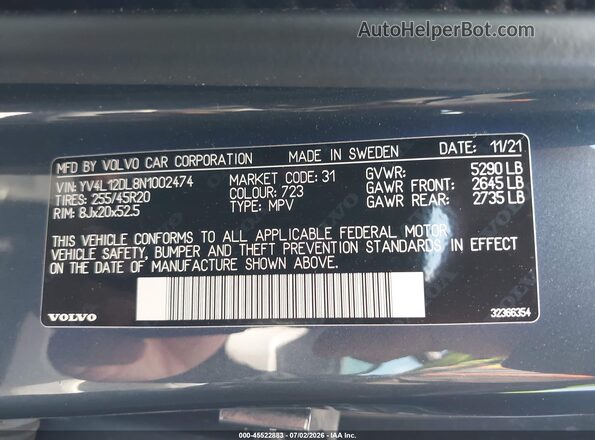 YV4L12DL8N1002474 2022 VOLVO XC60 Gray Вид підкапотного простору