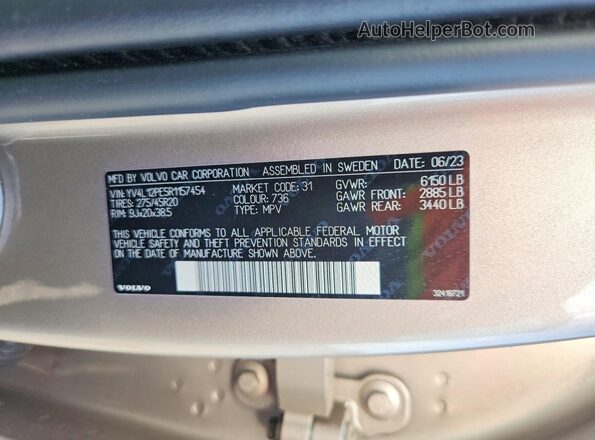 YV4L12PE5R1157454 2024 VOLVO XC90 Gold Vista de la etiqueta del VIN