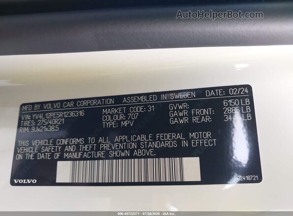 YV4L12PE5R1236316 2024 VOLVO XC90 White Вид підкапотного простору