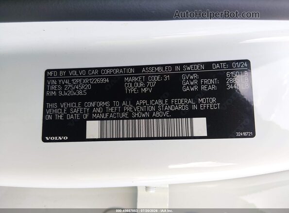 YV4L12PEXR1226994 2024 VOLVO XC90 White Widok komory silnika