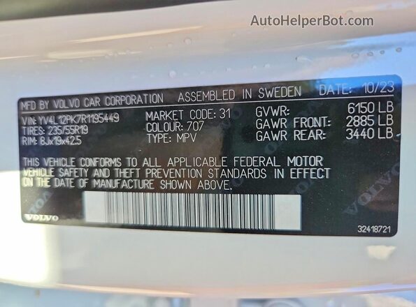 YV4L12PK7R1195449 2024 VOLVO XC90 Белый Вид наклейки с VIN-кодом