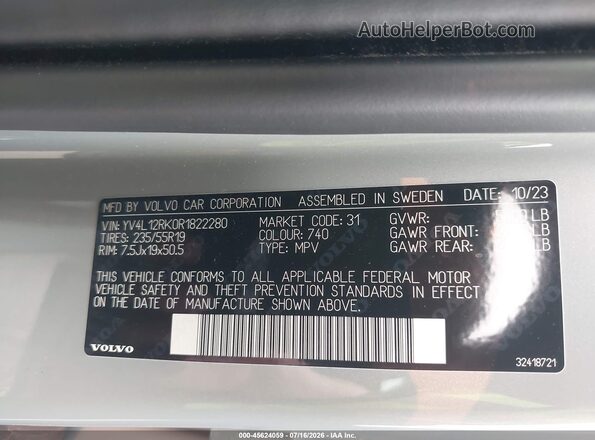 YV4L12RK0R1822280 2024 VOLVO XC60 Gray Vista del compartimento del motor