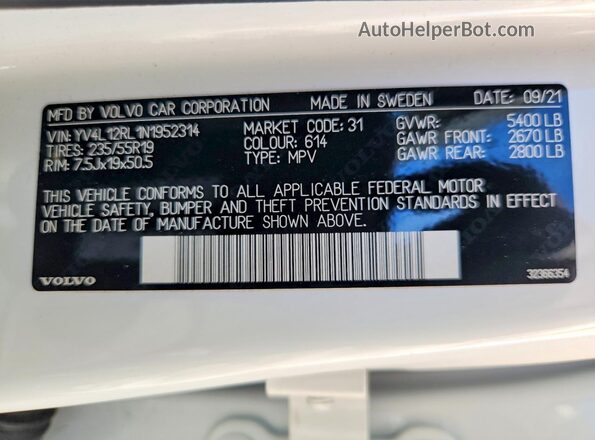 YV4L12RL1N1952314 2022 VOLVO XC60 White Widok komory silnika