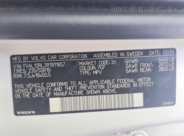 YV4L12RL2R1911857 2024 VOLVO XC60 White Вид наклейки з VIN-кодом