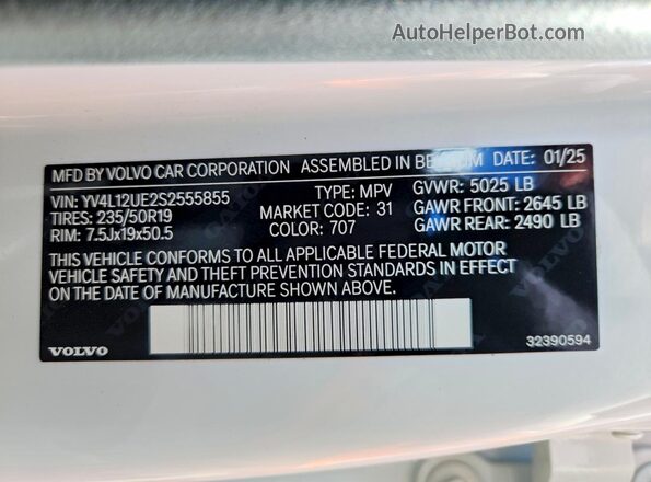 YV4L12UE2S2555855 2025 VOLVO XC40 White Widok naklejki z numerem VIN