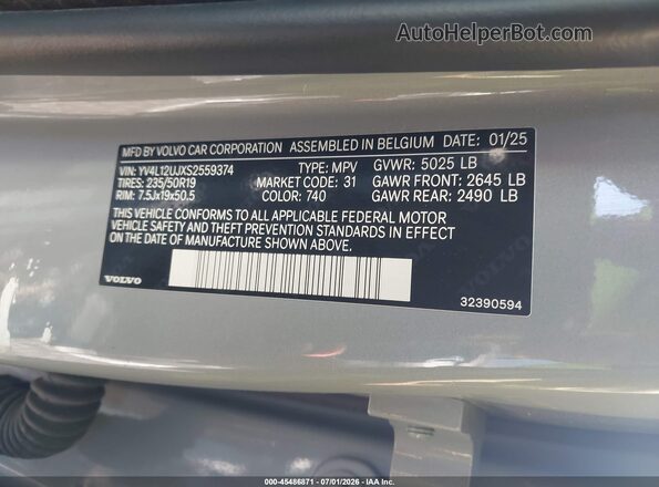 YV4L12UJXS2559374 2025 VOLVO XC40 Gray Շարժիչի բաժամունքի տեսք