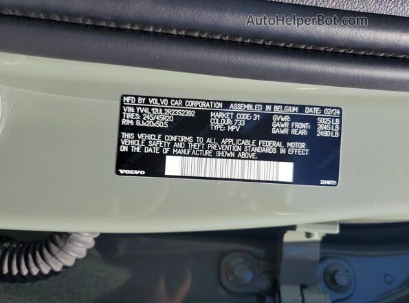 YV4L12UL2R2352392 2024 VOLVO XC40 Green Widok naklejki z numerem VIN