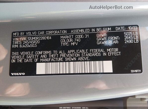 YV4L12UM0R2280164 2024 VOLVO XC40 Gray Widok komory silnika