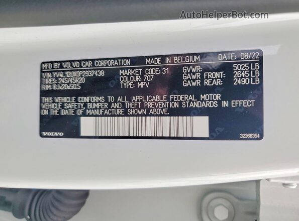 YV4L12UX0P2937438 2023 VOLVO XC40 White VIN კოდის სტიკერის ხედი