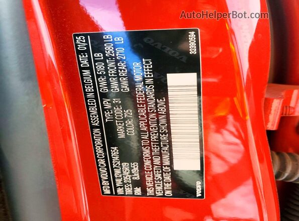 YV4L12WL7S2147654 2025 VOLVO V60 Red VIN კოდის სტიკერის ხედი