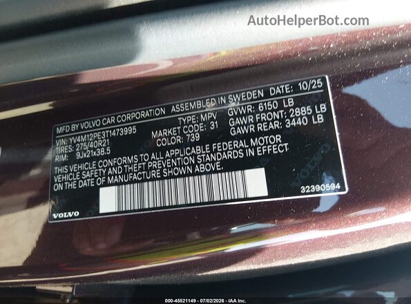 YV4M12PE3T1473995 2026 VOLVO XC90 Burgundy Vista del compartimento del motor