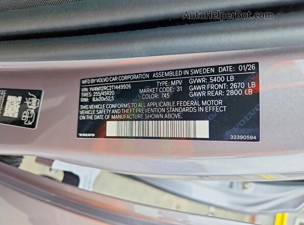 YV4M12RC2T1449926 2026 VOLVO XC60 Silver Вид наклейки з VIN-кодом