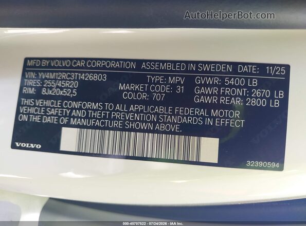 YV4M12RC3T1426803 2026 VOLVO XC60 White Շարժիչի բաժամունքի տեսք