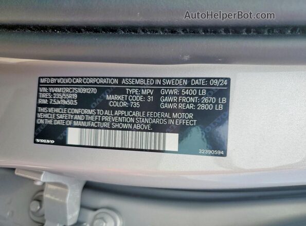 YV4M12RC7S1091270 2025 VOLVO XC60 Silver Widok naklejki z numerem VIN