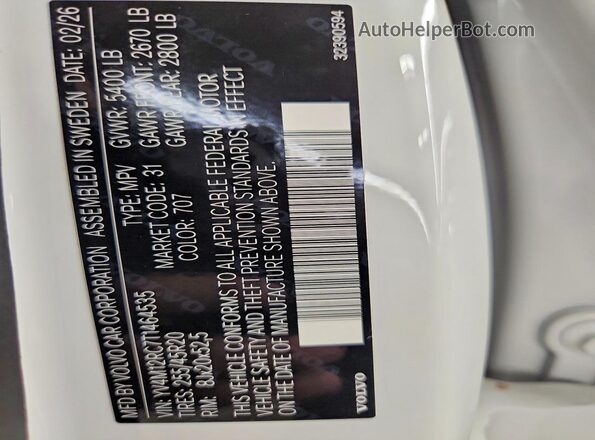 YV4M12RC7T1464535 2026 VOLVO XC60 White VIN կոդի պիտակի տեսք