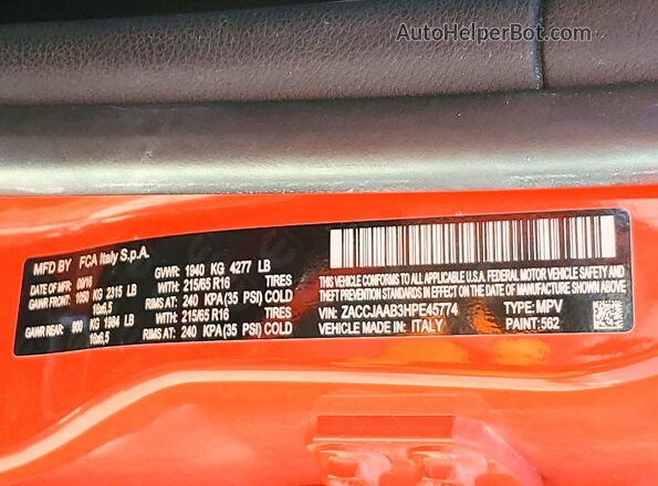 ZACCJAAB3HPE45774 2017 JEEP RENEGADE Orange VIN კოდის სტიკერის ხედი