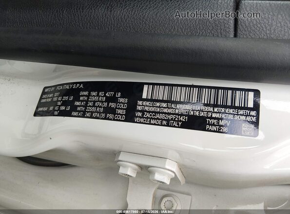 ZACCJABB2HPF21421 2017 JEEP RENEGADE White Vista del compartimento del motor