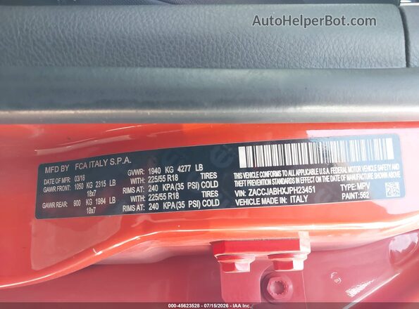 ZACCJABHXJPH23451 2018 JEEP RENEGADE Orange ძრავის განყოფილების ხედი