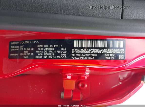 ZACCJBAB1HPF38699 2017 JEEP RENEGADE Красный Вид подкапотного пространства