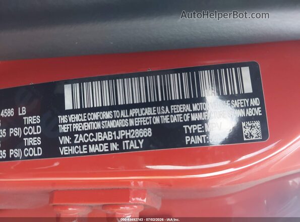 ZACCJBAB1JPH28668 2018 JEEP RENEGADE Orange Vista del compartimento del motor