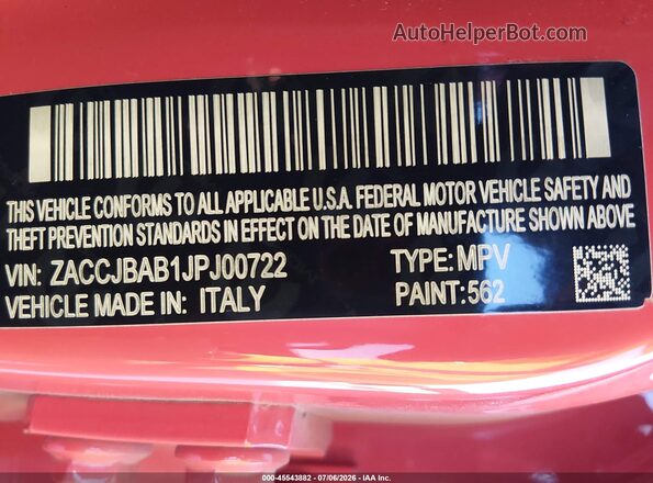 ZACCJBAB1JPJ00722 2018 JEEP RENEGADE Orange Widok komory silnika