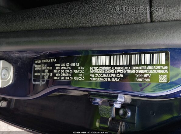 ZACCJBAB3JPH19339 2018 JEEP RENEGADE Blue Շարժիչի բաժամունքի տեսք