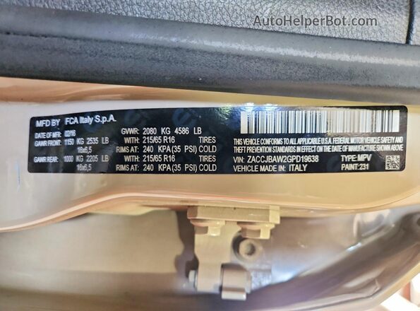 ZACCJBAW2GPD19638 2016 JEEP RENEGADE Tan Вид підкапотного простору
