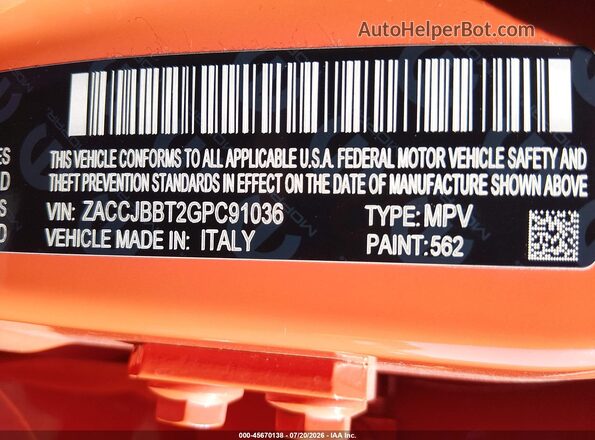 ZACCJBBT2GPC91036 2016 JEEP RENEGADE Orange Widok komory silnika