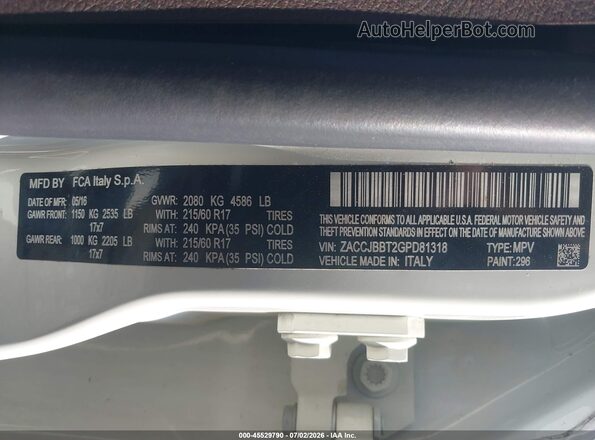 ZACCJBBT2GPD81318 2016 JEEP RENEGADE White ძრავის განყოფილების ხედი