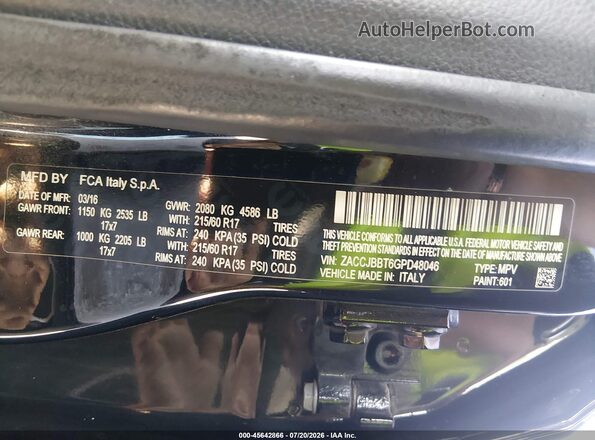 ZACCJBBT6GPD48046 2016 JEEP RENEGADE Black Vista del compartimento del motor