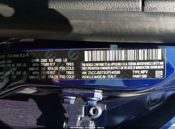 ZACCJBBT8GPE40596 2016 JEEP RENEGADE Синий Вид подкапотного пространства