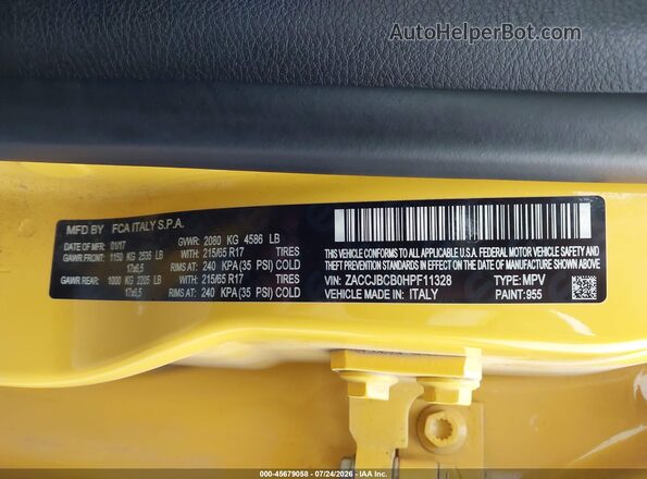 ZACCJBCB0HPF11328 2017 JEEP RENEGADE Желтый Вид подкапотного пространства