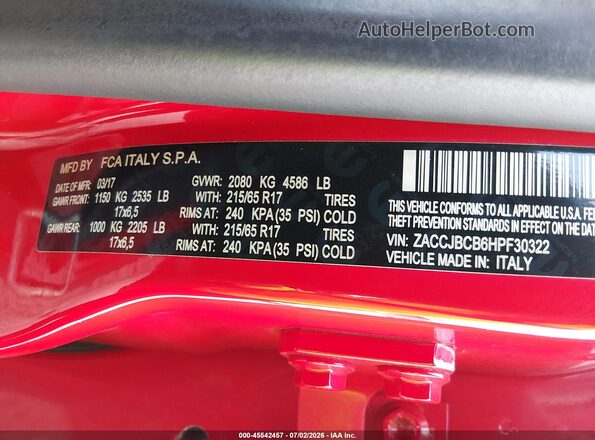 ZACCJBCB6HPF30322 2017 JEEP RENEGADE Красный Вид подкапотного пространства