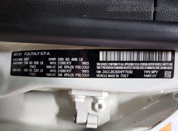 ZACCJBCBXHPF75392 2017 JEEP RENEGADE Белый Вид наклейки с VIN-кодом
