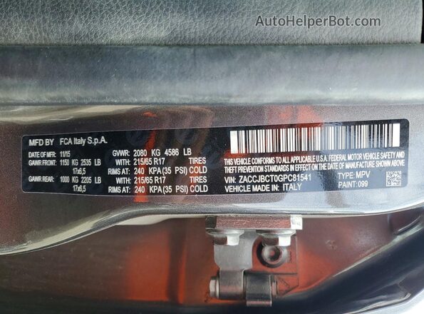 ZACCJBCT0GPC81541 2016 JEEP RENEGADE Charcoal Widok wnętrza 360 stopni