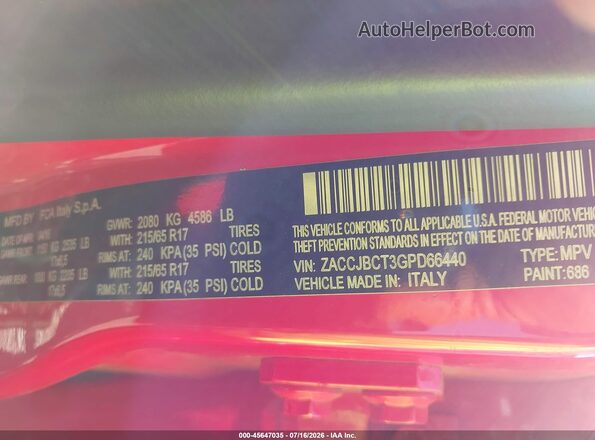 ZACCJBCT3GPD66440 2016 JEEP RENEGADE Red ძრავის განყოფილების ხედი