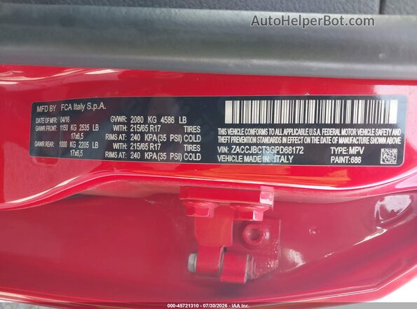ZACCJBCT3GPD68172 2016 JEEP RENEGADE Red Vista del compartimento del motor