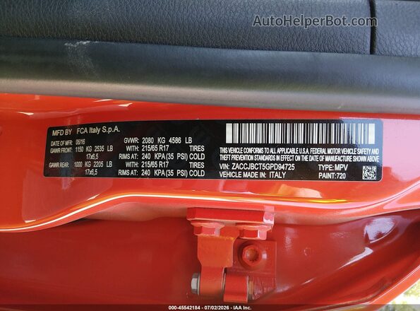 ZACCJBCT5GPD94725 2016 JEEP RENEGADE Orange ძრავის განყოფილების ხედი