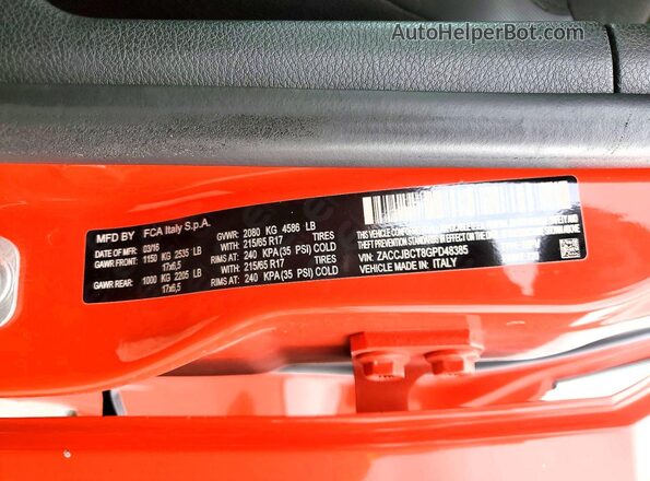 ZACCJBCT8GPD48385 2016 JEEP RENEGADE Оранжевый Вид наклейки с VIN-кодом