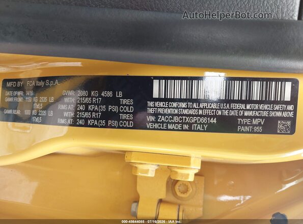 ZACCJBCTXGPD66144 2016 JEEP RENEGADE Yellow Вид підкапотного простору