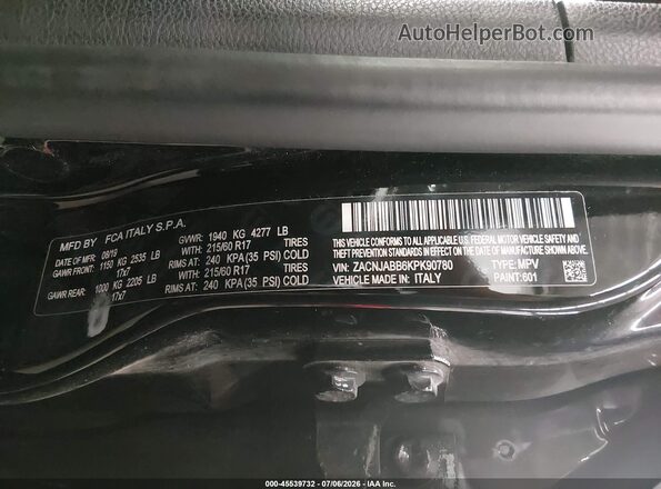 ZACNJABB6KPK90780 2019 JEEP RENEGADE Black Vista del compartimento del motor
