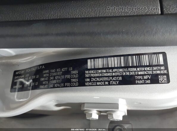 ZACNJABB6LPL43138 2020 JEEP RENEGADE Серый Вид подкапотного пространства