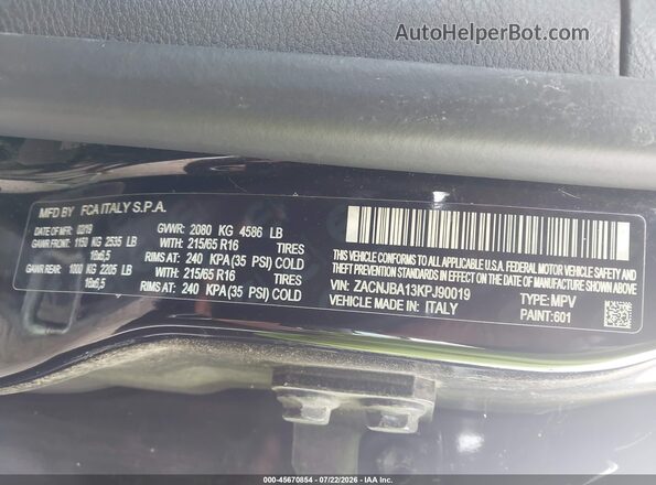 ZACNJBA13KPJ90019 2019 JEEP RENEGADE Black Вид підкапотного простору
